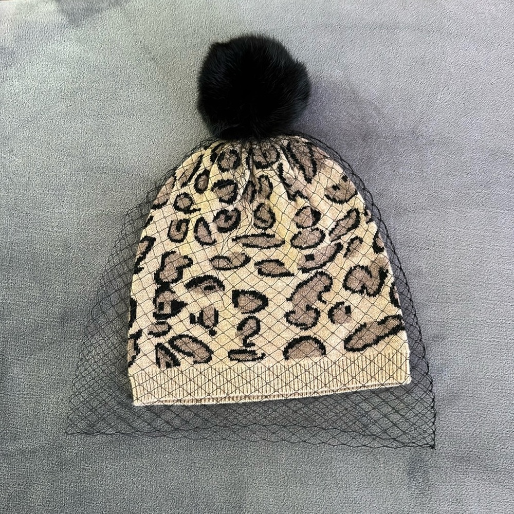 BCBGMAXAZRIA Leopard Print Beanie With Mesh Detail
